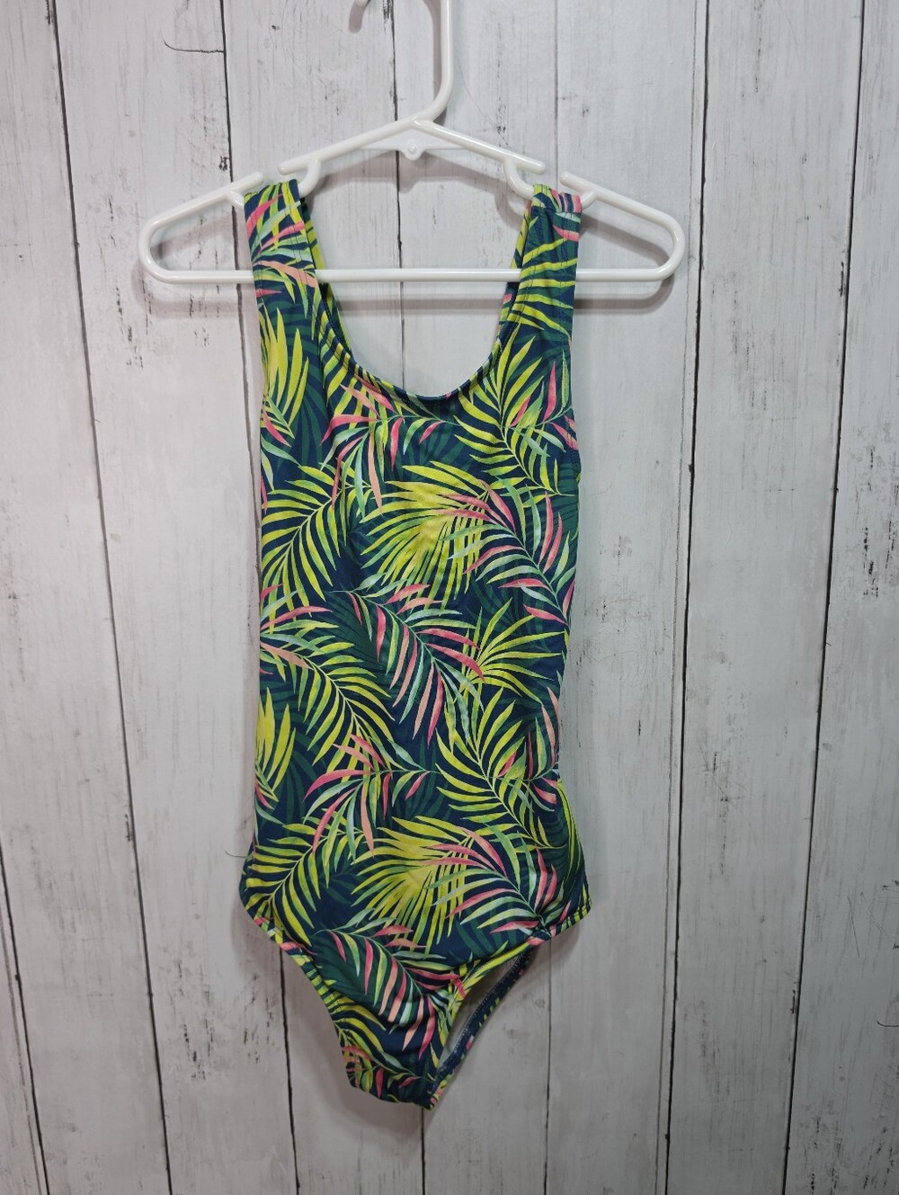 Lands End Girls Tropical Palm Leaf One Piece Swimsuit Green Pink Size 7.
